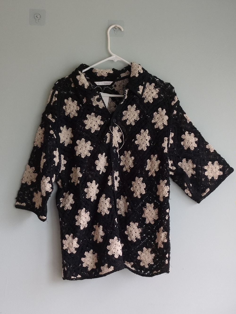 Zara Black Crochet Button-Front Top with Cream Floral Squares